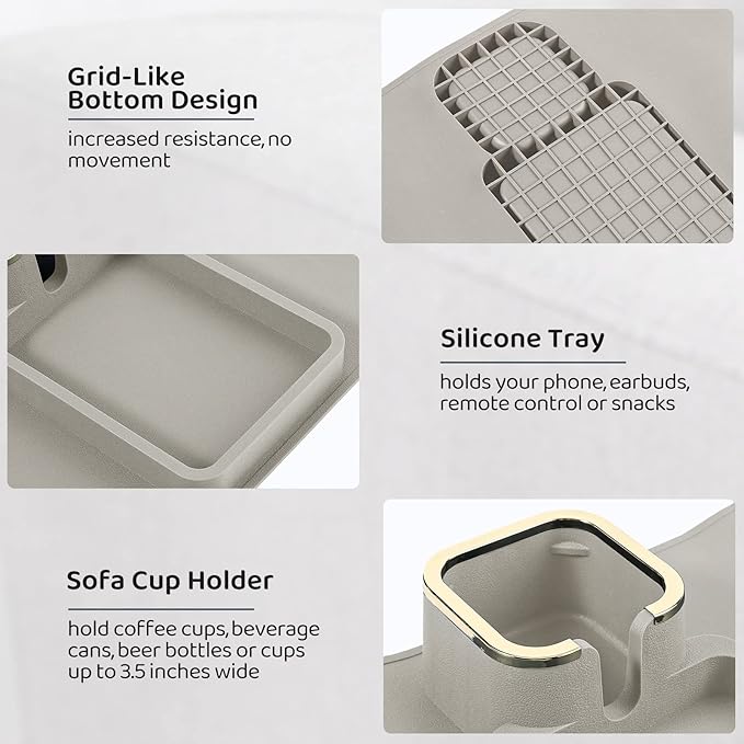 HMASYO Couch Cup Holder Tray - Silicone Sofa Armrest Table Couch Drink Holder and Tray Organizer for Remote Snacks Cellphone, Anti-Spill Anti-Slip Design, Mother`s Day Gifts for Mom Grandma