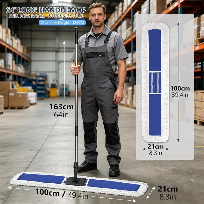 Masthome 39" Commercial Dust Mop with 64" Long Handle, Heavy Duty Wet Dry Floor Mop with 2 Reusable Microfiber Pads, 360° Rotating Industrial Mop for Hardwood Tile Marble Warehouse Gym Office Home