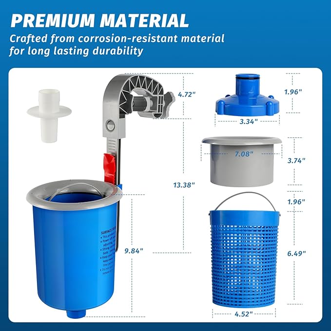 Above Ground Pool Skimmer with 4 Skimmer Socks, Floating Surface Skimmer, Wall Mount Pool Surface Skimmer with Hose and Basket, Attaches to Inflatable Collars, Tubular and Metal Frames (Blue)