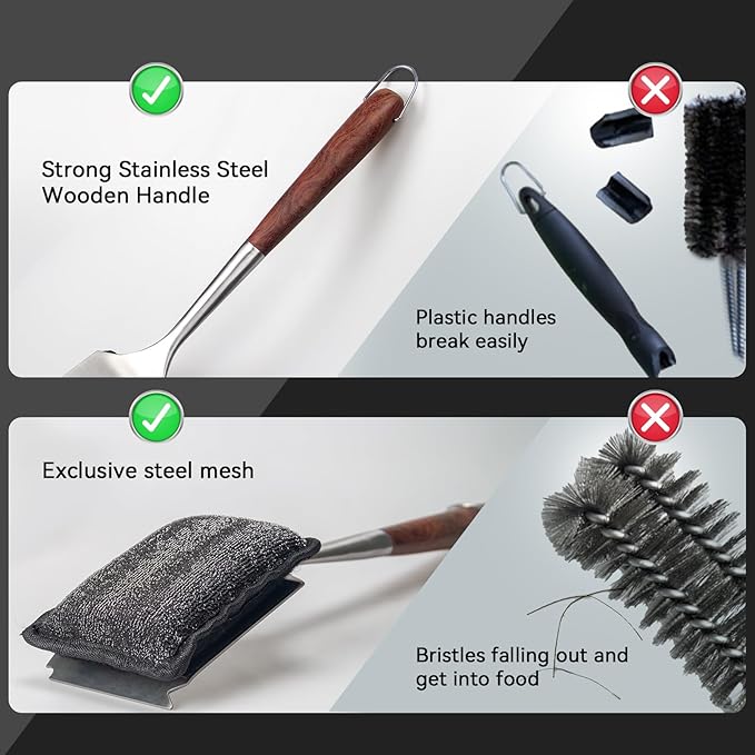 Bristle-Free Steam Cleaning Grill Brush Kit β Luxurious Long Rosewood Handle, Includes 1 Replacement Head β Safe BBQ Grill Cleaning for Outdoor Grill β Great Gift for Men/Dad