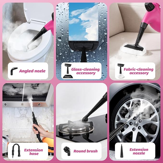KIATO Handheld Steam Cleaner, Hand Held Steamer for Cleaning Home, Portable Pressurized Steamers for Upholstery Furniture Sofa Couch Floor Tile Grout Bathroom, Pink, SC23