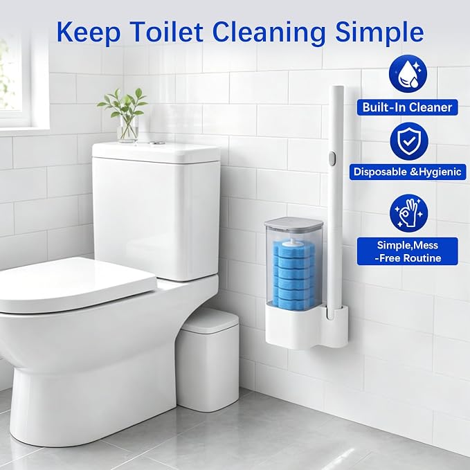 Disposable Toilet Brush with 42 Refills, Toilet Bowl Cleaner Brush with Holder, Wall Mounted Toilet Wand Kit, Random Color Refill Heads in Blue, Yellow or Purple