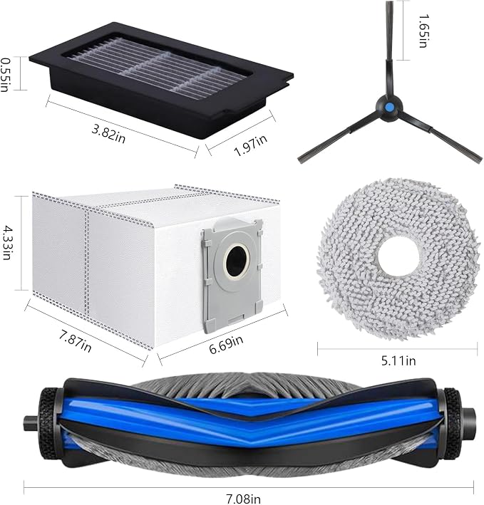 24 Pack Replacement Parts for ECOVACS DEEBOT T50 Omni/T50 PRO Omni/T50 PRO OMNI Gen2 Robot Vacuum Accessories Set,2 Main Brushes, 4 HEPA Filters,4 Side Brushes,6 Mop pads,6 Dust Bags,2 tools