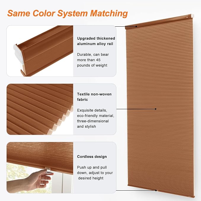 No Drill Cellular Shades, Dark Orange Custom Size Cordless Light Filtering Pull Down Pleated Honeycomb Blind Thermal Insulated Easy Install for Indoor Window Bedroom Living Room Kitchen Door