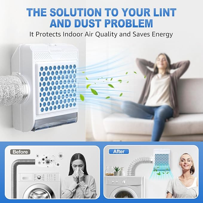 3-in-1 Indoor Dryer Vent Kit, Upgraded Safety Vent Flap, Stainless Steel Screen with 5PCS Polyester Filters and Water Drawer System, Dryer Vent Box for Electric Dryer, White