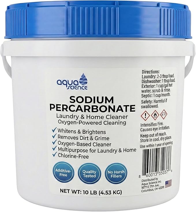 Bulk Sodium Percarbonate 10 lbs – Pure Oxygen Bleach Powder for Laundry, Home & Deck Cleaning – Non-Toxic, Unscented, Chlorine-Free Stain Remover – Easy-Open Screw Lid Bulk Container | Made In USA