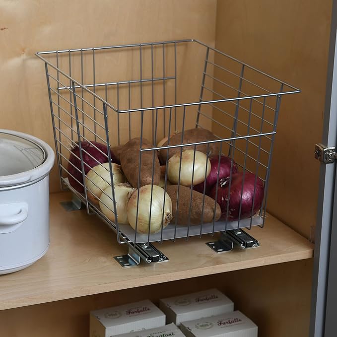 Household Essentials Glidez Steel Pull-Out/Slide-Out Storage Organizer with Plastic Liner for Under Cabinet or Wire Shelf Use - Produce Bin Design - Fits Standard Size Cabinet or Shelf, Brushed Silver