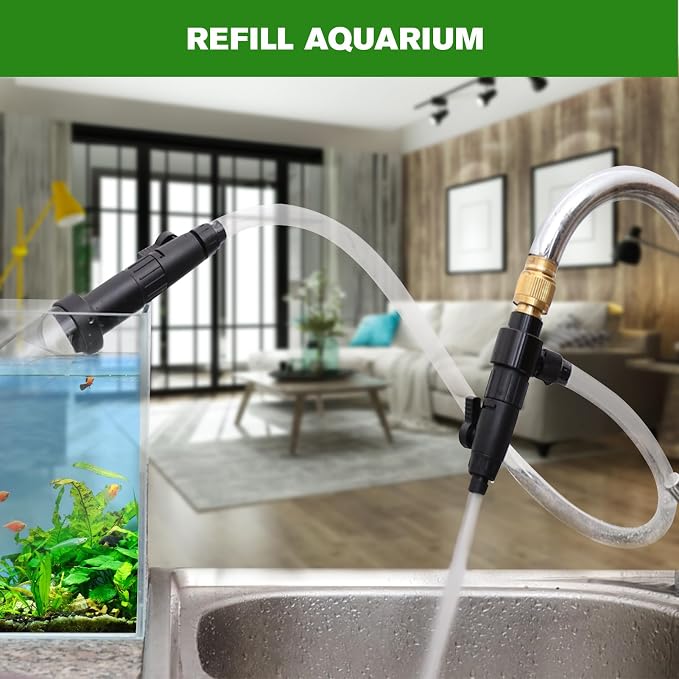 Aquarium Siphon Vacuum Gravel Cleaner Kit for Fish Tank Cleaning Gravel & Sand, Fish Tank Water Changer Metal Faucet Connector with Long Hose Drain & Fill(32ft)