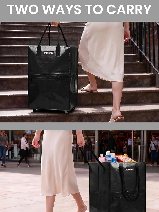 WORKPRO Medium Reusable Grocery Bag on Wheels, Heavy Duty Rolling Shopping Tote with Handle, Folding Trolley on 4 Caster Wheels for Groceries, Laundry, Camping, Moving
