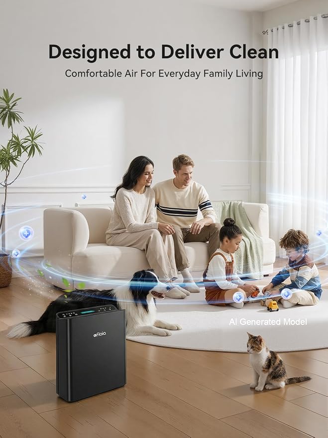 Afloia Air Purifier for Home Large Room Bedroom Up to 2000Ft² with PM2.5 Air Quality Monitor Smart Auto Mode, Washable Pre Filter Cleaner for Pet, Black