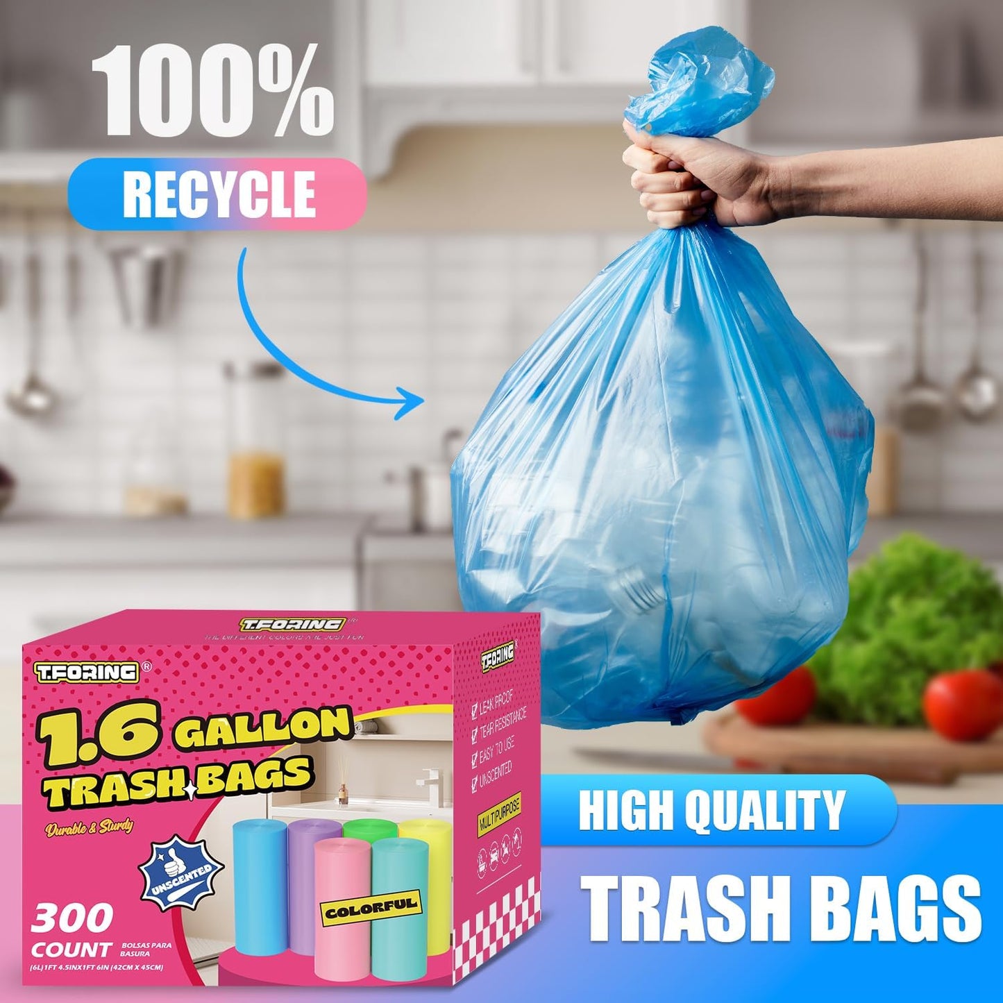 300 Count 1.6 Gallon Mini Trash Bags - 6 Liter Colored Small Garbage Bags Unscented Mini Can Liners Leakproof & Tear Resistant for Bathroom Office Dorm Car