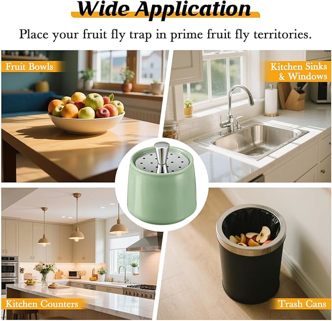 Ceramic Fruit Fly Trap for Indoors, Reusable Kitchen Fly Catcher with Stainless Steel Vent Lid, Uses Safe & Natural Vinegar Bait Trap, Dishwasher Safe, Easy to Use(Green,1 Pack)