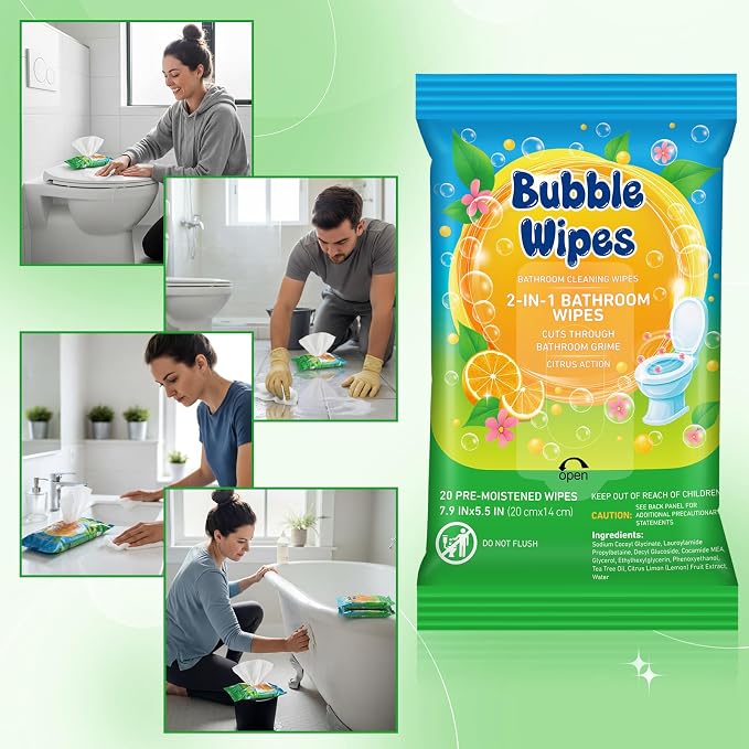 5 Pack Bathroom Cleaning Wipes 100/200 Count 2-in-1 Citrus Scent Wipes Cleaner for Bathroom Toilet, Sink, Tile & Shower -Reusable Sealable Pouch, No Scrubbing Needed