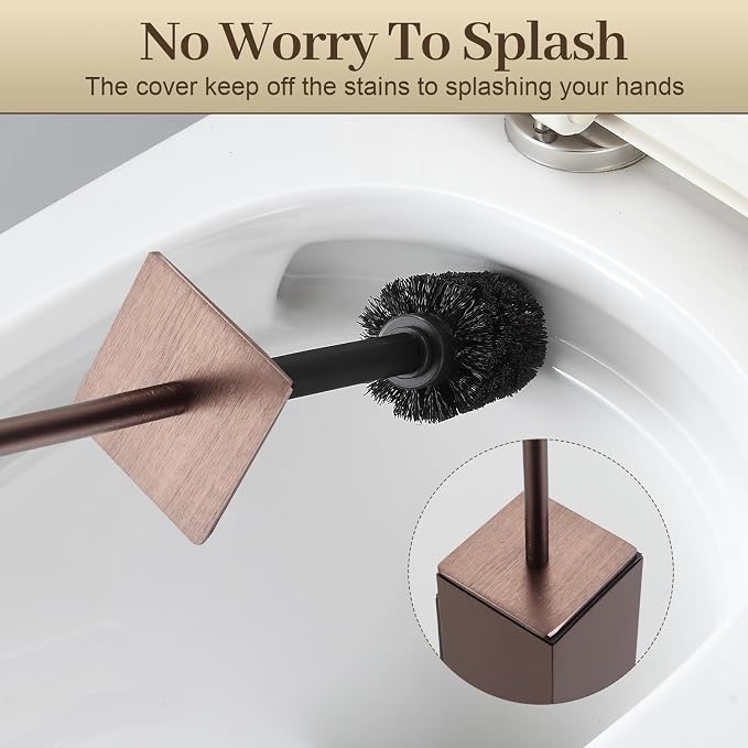 Toilet Brush and Holder Wall Mounted, Brushed Rose Gold Aluminum with 2 Replaceable Heads, Bathroom Toilet Brush, Drill or 3M Adhesive Mount, Removable Liner and Splash Guard, Modern Square Design