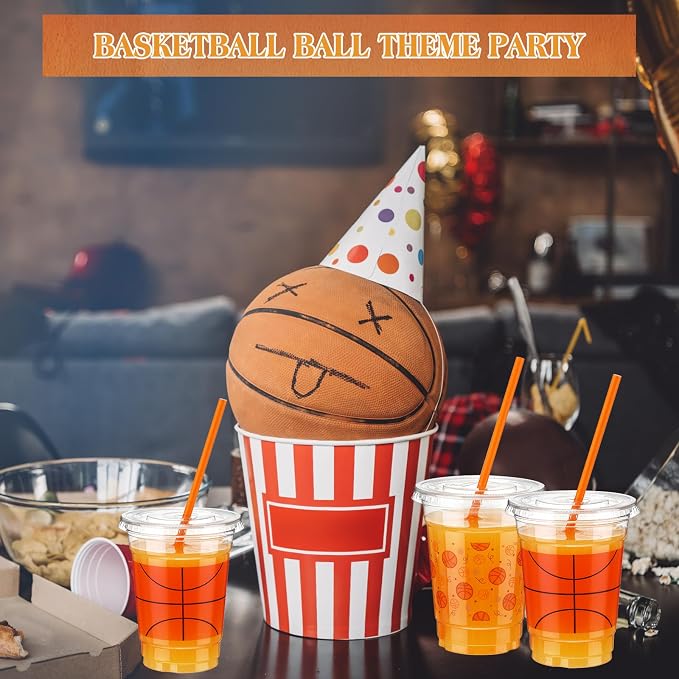Yaomiao 300 Pcs 12 oz Basketball Plastic Cups with Lids and Straw Plastic Disposable Clear Cups Happy Basketball Theme Party Drinking Set for Party Supply