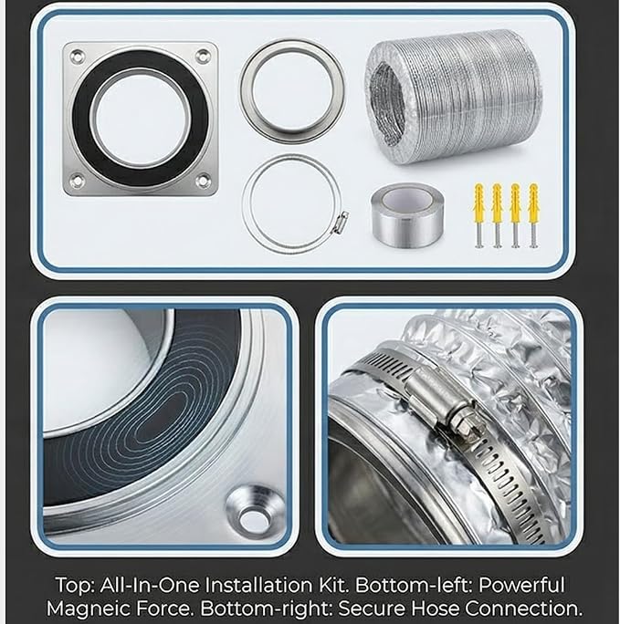 Magnetic Dryer Vent Hose 4 Inch, Airtight Seal Reduces 90% Lint, Flexible Duct 0.5-5ft, Heavy Duty & High Temp, No Tools for Daily Cleaning, Fits 0-8" Offset, Magnetic Coupling Kit