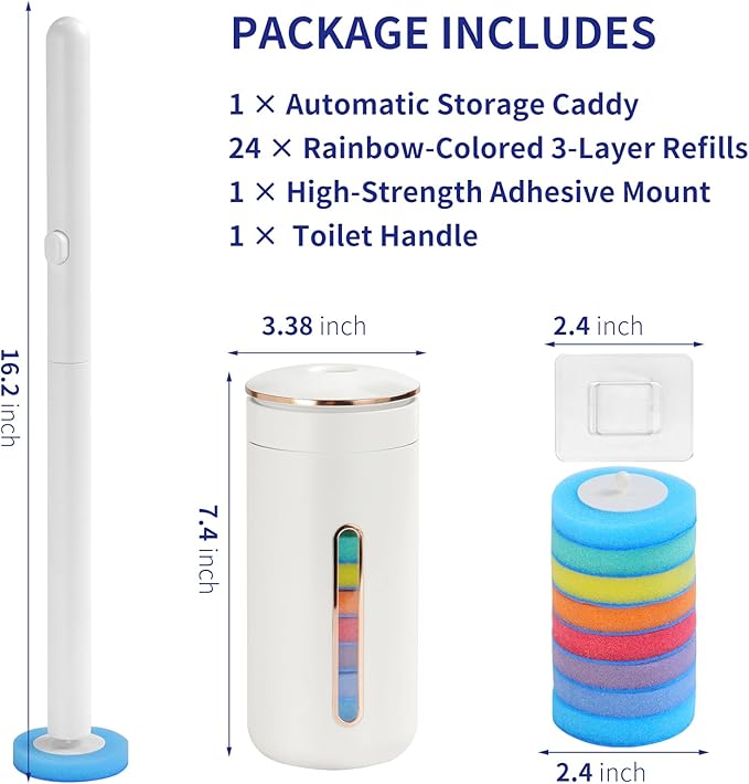 Disposable Toilet Brush and Holder Set - Wall Mounted Toilet Bowl Cleaner Wand with 24 Rainbow-Colored Refills & Automatic Storage Caddy, Hygienic Toilet Cleaning System for Bathroom