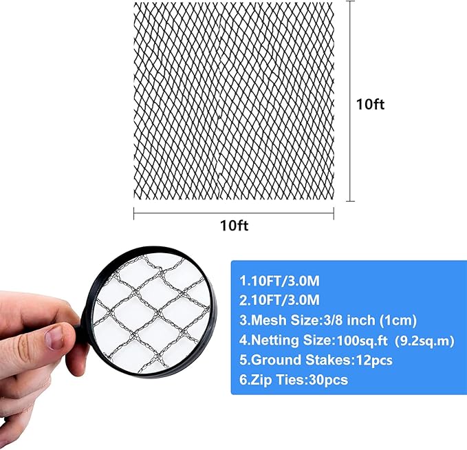 BUZIFU Pond Netting, 10 x 10FT Pond Net for Koi Ponds, Garden Pool Fine Mesh Pond Netting Cover for Leaves, Protects Koi Fish from Birds Cats Predators, with 12 Stakes and 30 Cable Zip Ties