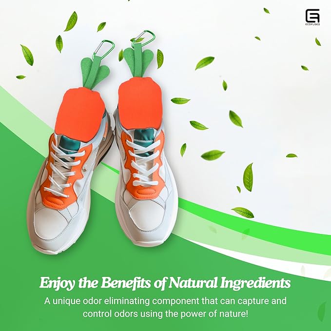 ECO-FUSED Carrotsoles 2 Pack Shoe Deodorizer Odor Eliminator for Shoes, Cleats, Closets, Drawers, Gloves - Moisture Absorber, Air Freshener, Air Purifier Moso Bamboo Activated Charcoal - Reusable