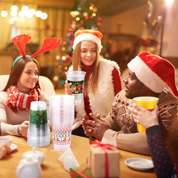 Kochorie 120 Pieces Christmas Sweater Plastic Cups 16 Oz Christmas Disposable Plastic Cups Xmas Tree Santa Reindeer Snow Drinking Cups for Christmas Party Supplies, Merry Christmas Party Decorations