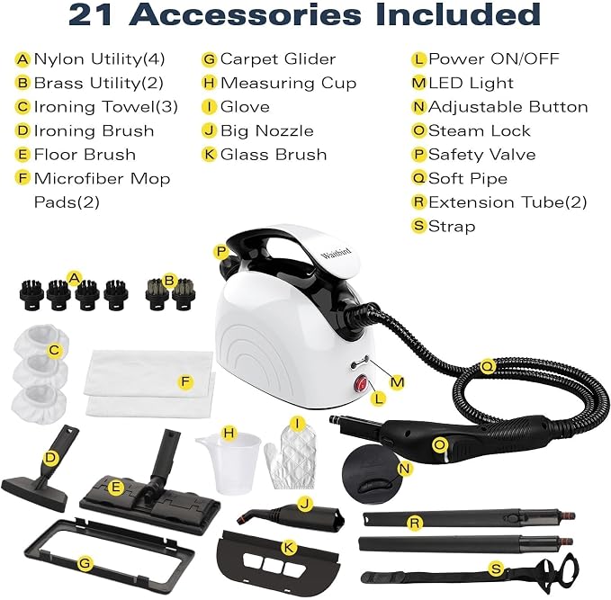 Waitbird 4.5 Bar High Pressure Steam Cleaner for Home, 248°F High Temp Handheld Steamer for Cleaning, 21-Piece Accessories Kit, Multi-Purpose Cleaner for Grease, Tile, Grout, Kitchen, Bathroom & Car