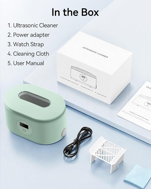 BYASKZIV Ultrasonic Cleaner, 48KHz Ultrasonic Jewelry Cleaner with 20oz 304 Stainless Steel Tank, Dual Modes & LED Display - for Jewelry, Eyeglasses, Watches, Dentures, Retainers & More-Green
