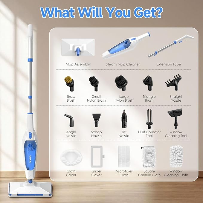 SENMO Steam Mop, 14-in-1 Detachable Steam Cleaner for Home and Floor, 1300W 228°F Deep Cleaning MultiPurpose Steamer with 14 Attachments for Floor, Tile, Grout, Furniture, Carpet, Wall (Blue)