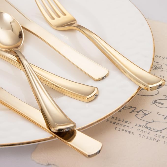 Liacere 200Pcs Gold Plastic Silverware-Gold Plastic Cutlery - Disposable Silverware include 100 Forks 50 Spoons 50 Knives Perfect for Parties & Weddings & Restaurants &Events