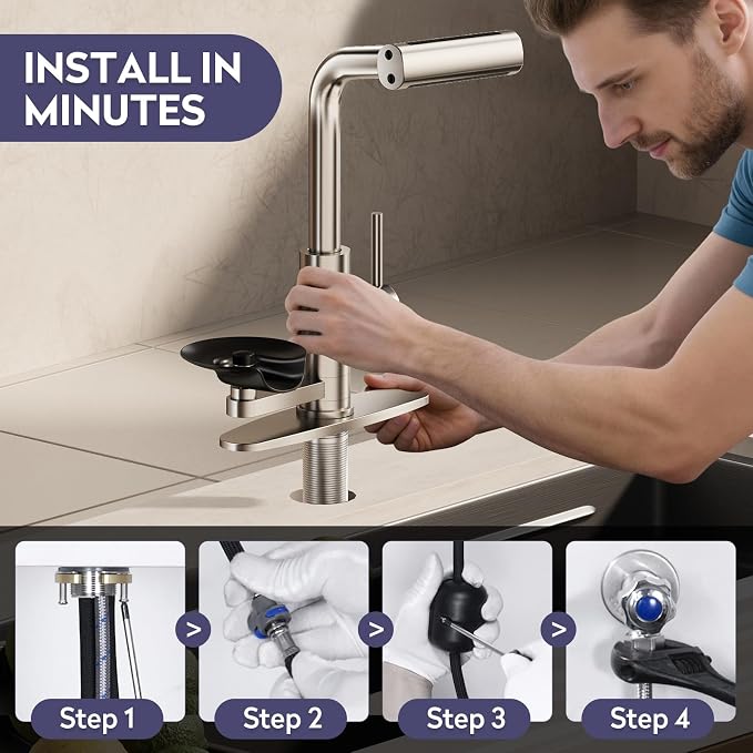 HOWUWEY Kitchen Faucet with Pull Down Sprayer & Cup Washer, Glass Rinser Faucet for Kitchen Sink, Single Handle Waterfall 1 or 3 Hole Tap for Bar Sink Farmhouse Camper Laundry Rv (Brushed Nickel)