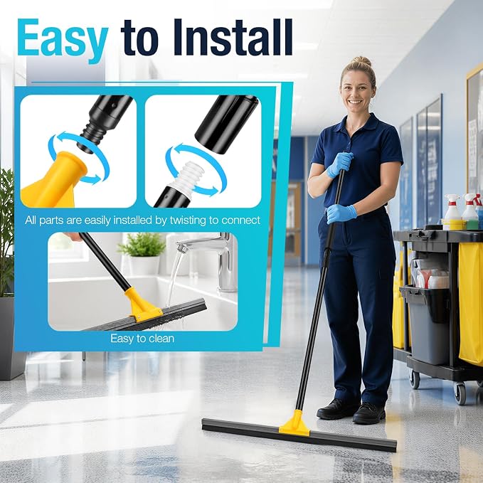 SOBONNE 24" Floor Squeegee for Concrete Floor Water Removal | Heavy Duty Large Rubber Squeegee Broom/ 57" Long Handle for Tiles Window Shower Garage Patio Deck Pool/Yellow