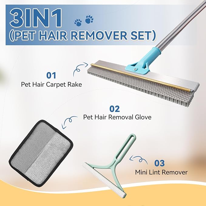 BFNN Carpet Rake for Pet Hair Removal | Reusable Dual-Action Carpet Broom Tool with Metal Scraper & Silicone Brush | 54" Adjustable Handle | 3Pcs Cat & Dog Fur Cleaning Kit for Rugs, Couch & Furniture