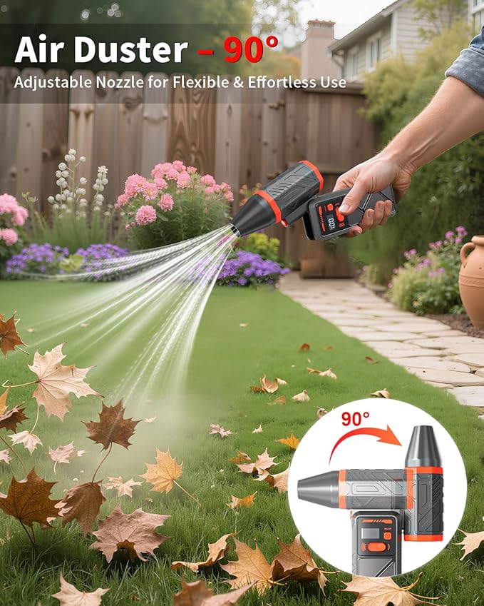 Electric Compressed Air Duster, 150000RPM Cordless Air Blower with 8000mAh Rechargeable Battery, Stepless Speed, Adjustable 90° Nozzle, LED Light for PC Cleaning, Keyboard, Car Interior, Home