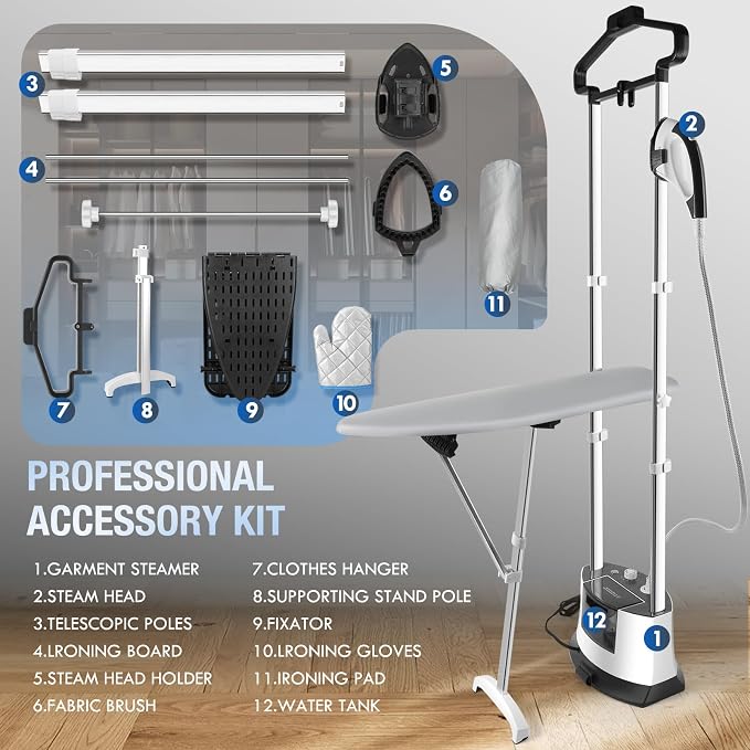 Standing Garment Steamer 1500W Standing Garment Steamer - 30s Fast Heat, 101 fl.oz Detachable Tank, 2 - Level Steam Ironing Board and Clothing Hanger,Adjustment for Flat Hanging & Diagonal Ironing