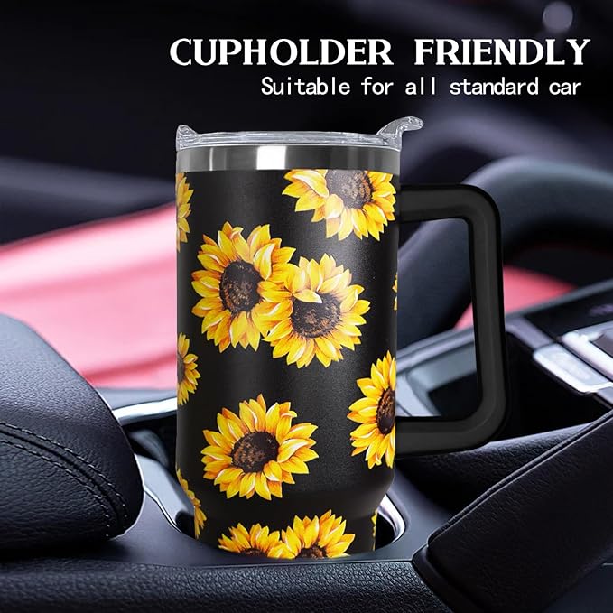 Ceovfoi Sunflower 40 oz Insulated Stainless Steel Tumbler with Handle and Straw