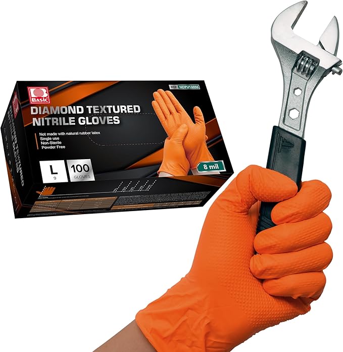 Jointown Basic Heavy Duty Nitrile Gloves, Mechanic Gloves 8 Mil Nitrile Disposable, with Raised Diamond Texture, Case of 100, Orange, Medium
