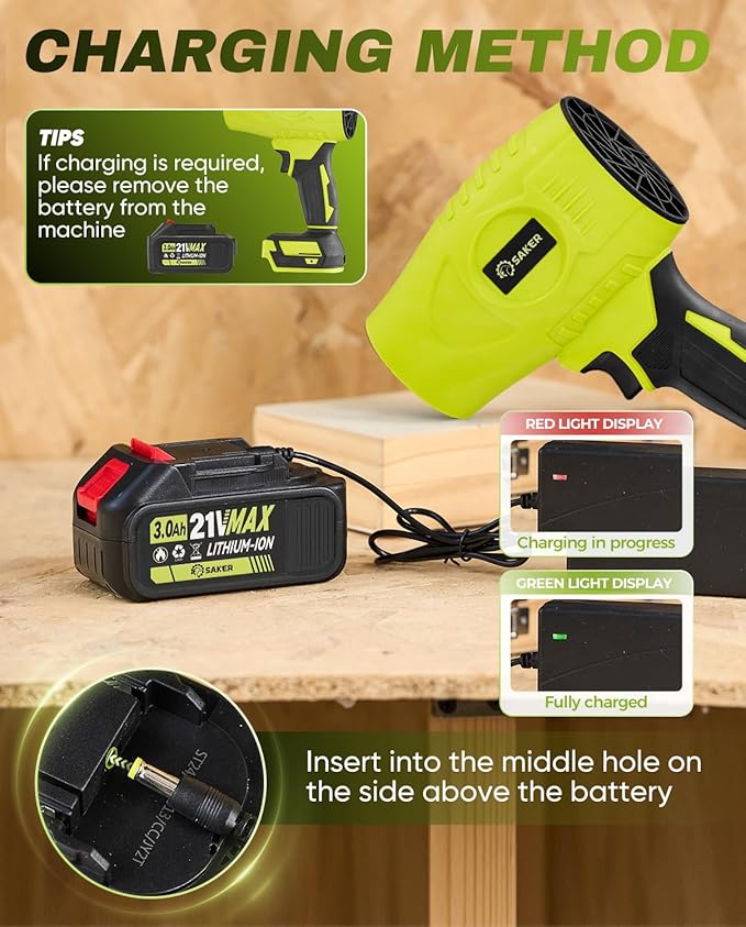 Saker Cordless Leaf Blower Portable Dust Cleaner Handheld Turbo Jet Blower 180000 RPM Air Duster with Adjustable Speed for Drying Patio Cleaning 3 Batteries Green