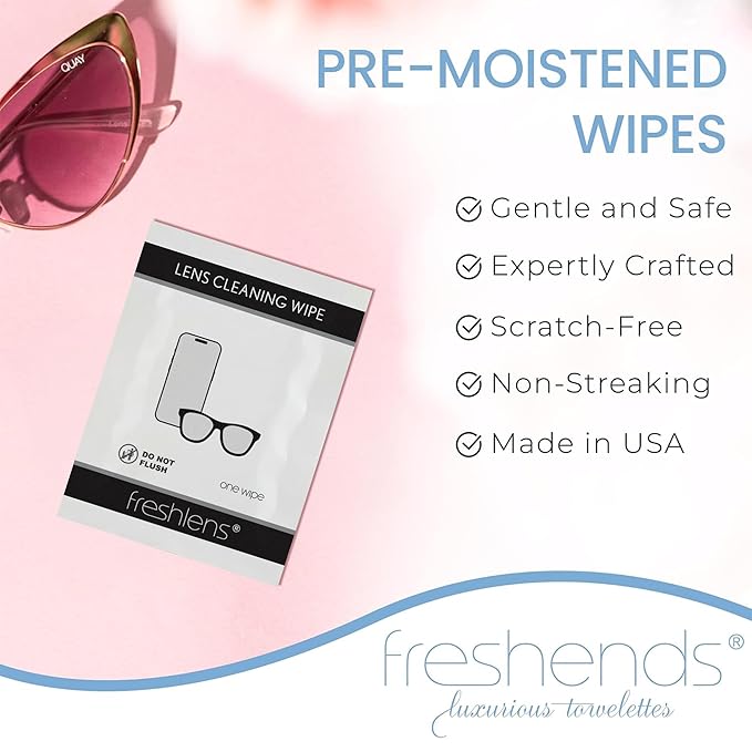 Freshends Lens Cleaning Wipes - 100 Soft & Lint Free Towelettes - Eye Glass Cleaners Individual Packets - Pre-Moistened Lens Wipes for Eyeglasses, Tablets, Camera & Cellphone Screens