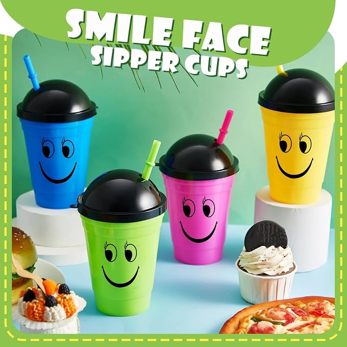 Bokon 12 Pack Smile Face Sipper Cups with Lids and Straws for Kids 12 oz Kids Reusable Plastic Cups with Lids for School Events Birthday Party Supplies, 4 Random Colors