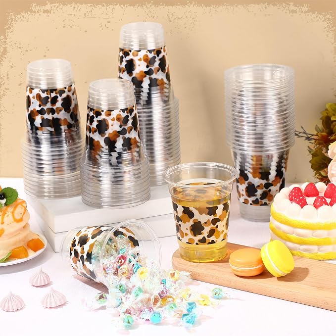Jingmore 100 Pcs Cow Theme Plastic Cups 12 oz Highland Cow Western Cowboy Disposable Clear Plastic Drinking Cups Bulk for Highland Farm Animal Themed Birthday Baby Shower Party Decorations Supplies