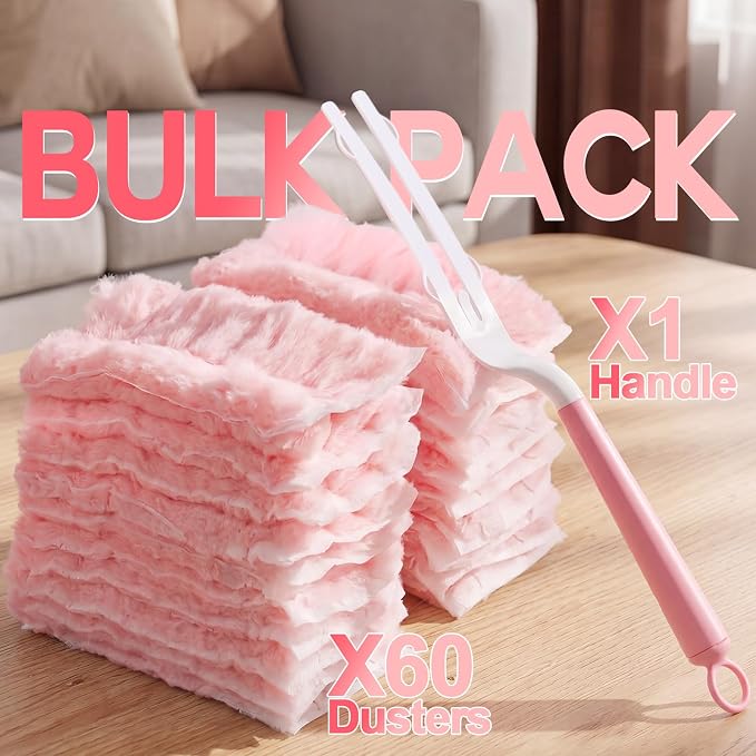 Mifoci 60 Count Pink Duster Refills Compatible with Swiffer Handle, Disposable 360° Multi-Surface Electrostatic Dusting Pads with 1 Handle Cleaner Kit for Blinds Ceiling Fans Furniture Cleaning