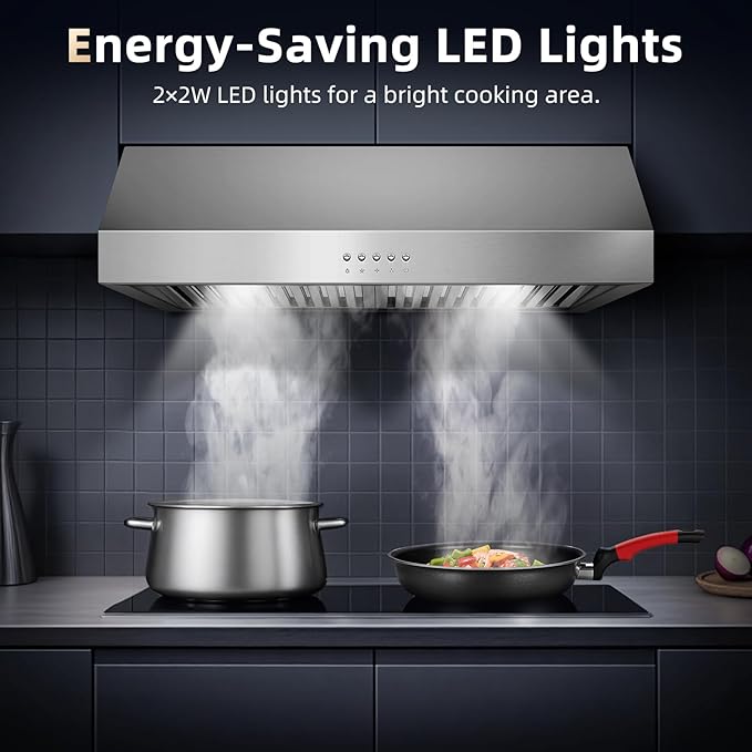 Tiesay 30 Inch Under Cabinet Range Hood 900 CFM with Ductless Convertible Duct Kitchen Hoods, 3-Speed Adjustable, Dishwasher Safe Baffle Filters, LED Lights, Stainless Steel, Button Control