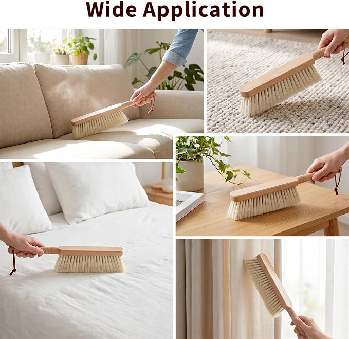 4 Pcs 11.8 Inch Long Horsehair Brush Hand Broom for Bedroom Cleaning Natural Wood Handle Soft Bristle Duster for Furniture Counter Couch Car
