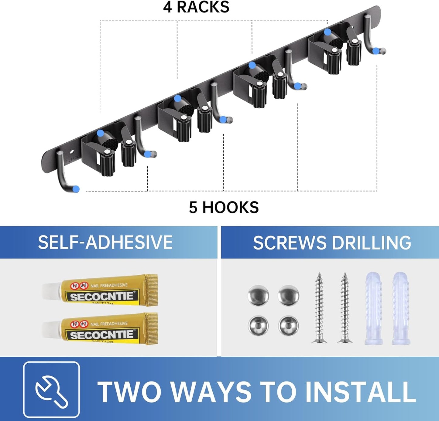 ZONGOOL 2 Pack Broom Holder Wall Mount, 4 Racks and 5 Hooks Mop Hanger Wall Mount Broom Organizer Stainless Steel Heavy Duty Garage Tool Racks for Home Kitchen Garden Laundry (Black)