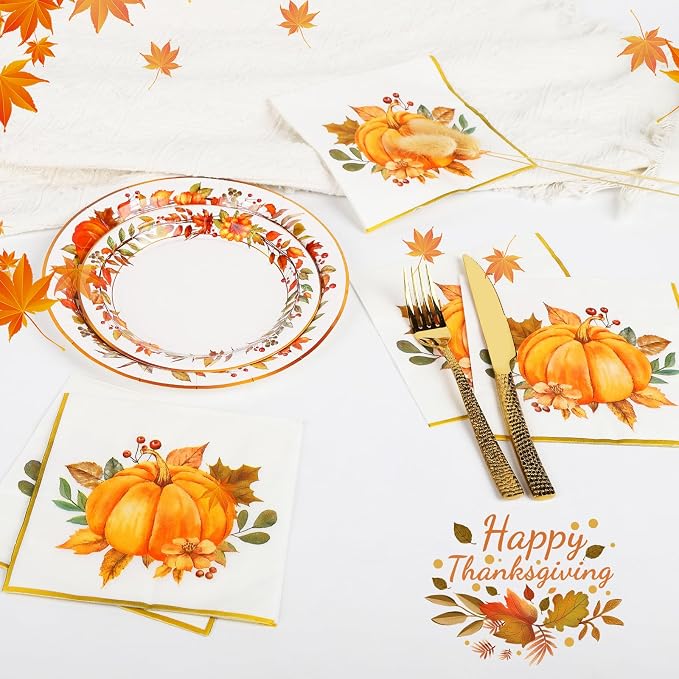 200Pcs Fall Paper Plates and Napkins Set,Thanksgiving and Pumpkin Plates Disposable Dinnerware,for Autumn Celebrations, Thanksgiving Day and Harvest Festival,Serve 50 Guests