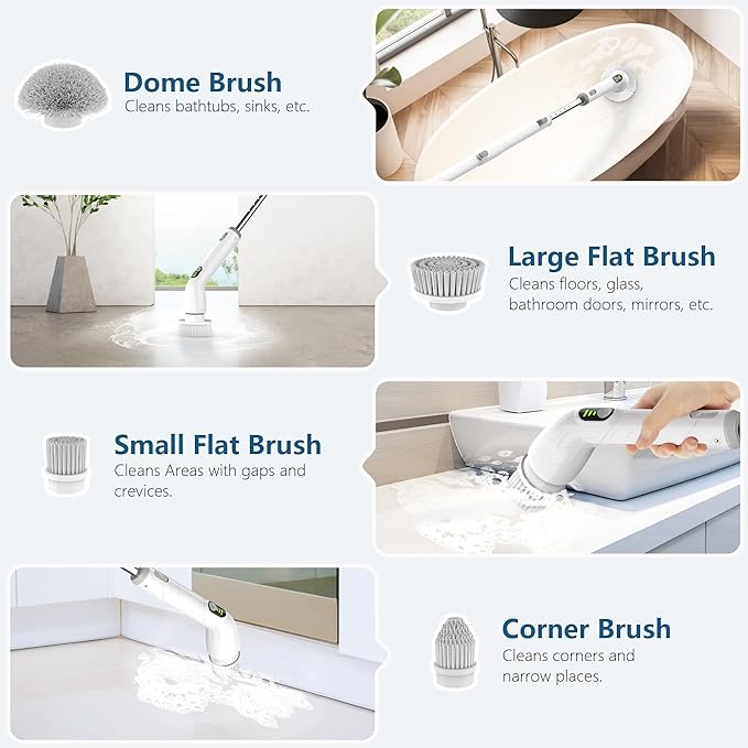 Keimi Electric Spin Scrubber, 2024 New Full-Body IPX7 Waterproof Cordless Bathroom Scrubber with 4 Replaceable Heads, Adjustable Extension Handle, Shower Cleaning Brush for Bathtub, Grout, Tile, Floor