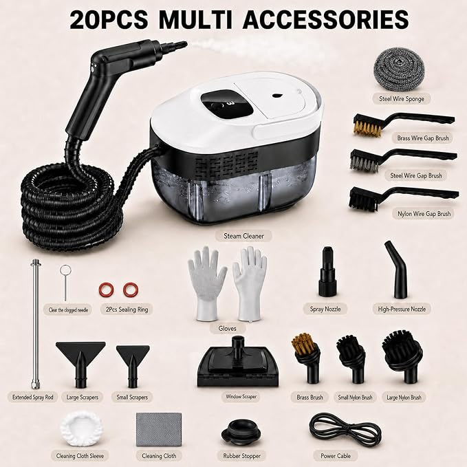 2500W Handheld Steam Cleaner for Home, 15s Heat-Up Hand Held Steamer for Cleaning with 20Pcs Accessories, 54oz(1.6l) Large Tank, Hand Held Steam Cleaner for House, Car, Grout, Tile, Furniture