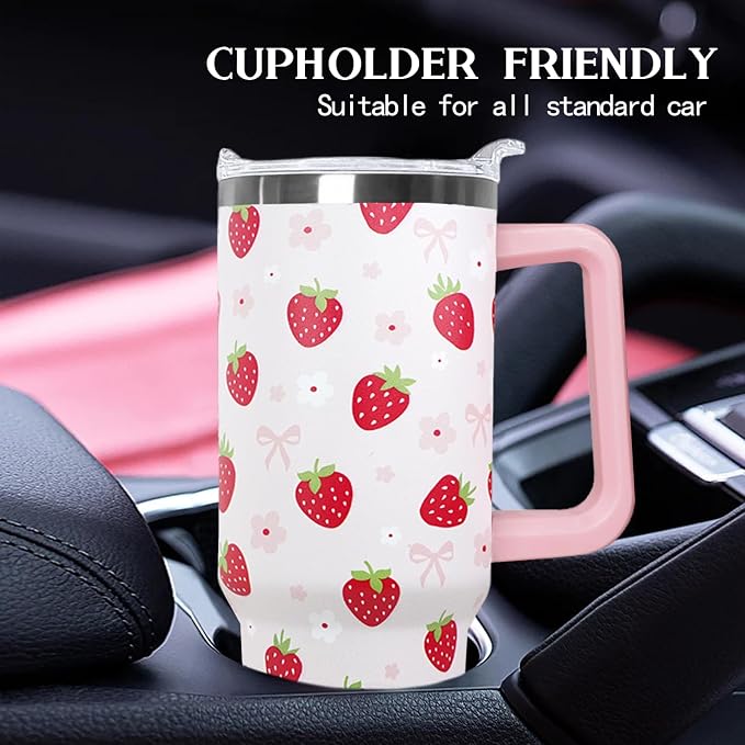 Ceovfoi 40oz Strawberry Tumbler With Handle Lid and Straw,Strawberry Floral Coffee Mug Cup Water Bottles,Strawberry Themed Gifts for Women,Strawberry Decor Stuff Accessories