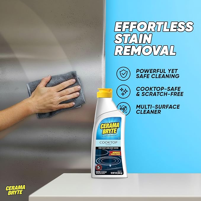 Cerama Bryte Glass Cooktop and Stove Top Cleaner Combo Kit - Includes Cleaning Tool, Razor, Scraper and 1 Pad to Remove Tough Stains - Use on Gas, Electric, Ceramic Surfaces, 18 Ounces, 4 Piece