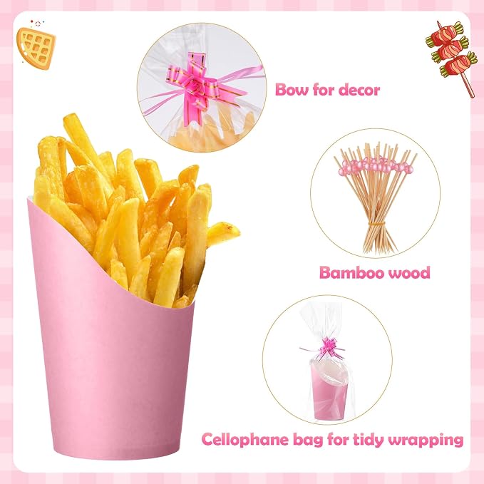 Bokon 100 Set 14 oz Charcuterie Cup with Stick and Bag, Disposable French Fries Snack Popcorn Dessert Fruit Holder for Birthday Wedding Graduation Party Supplies(Pink)