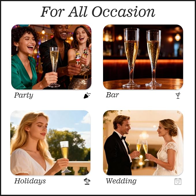 Bestluck 100 Pack Champagne Flutes Plastic, 4.5 oz Clear Plastic Disposable Stemware, Disposable Champagne Flutes for Party, Mimosa Bar, Wedding, Anniversary and Graduation